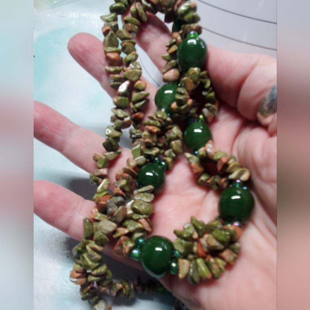 Artisan Made 27" Semi Precious Gemstone Green Moss Agate With Green Malakite Gem